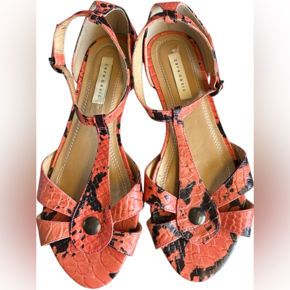 Zara Shoes - Zara Basic Women's Coral orange and Black snakeskin Strappy Sandals sz 37 Boho